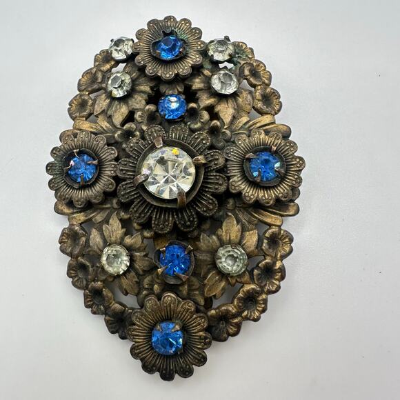 1920s antique Art Deco Czech blue clear glass rhinestones floral Dress clip - Picture 1 of 9